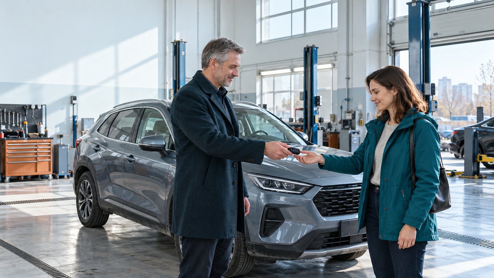 Взрослый продавец передаёт немаркированные ключи другому взрослому; руки спокойны, документов и надписей нет.