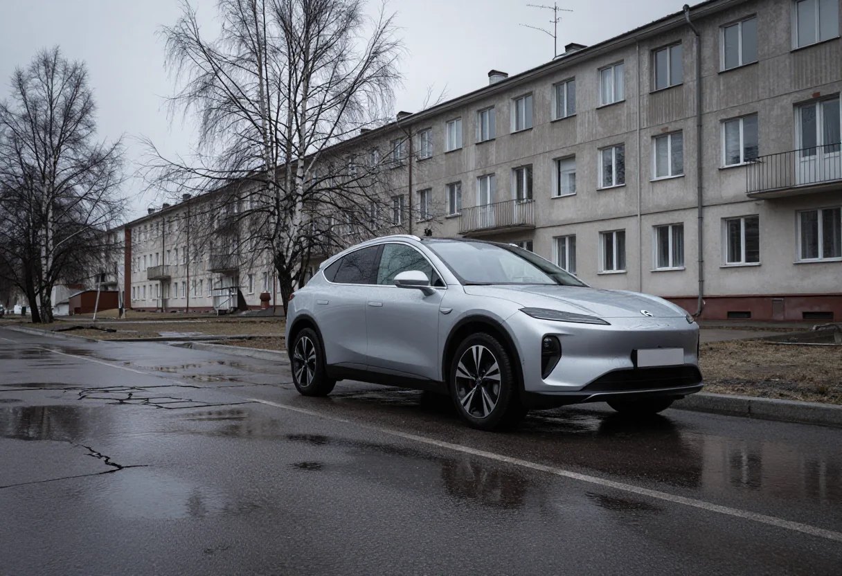 Серебристый электрокроссовер на мокрой городской улице
